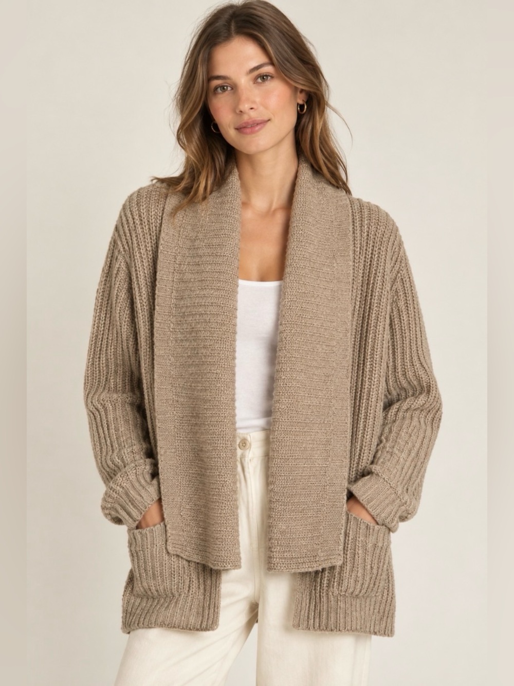 J.Crew 100% Wool Open-Front Shawl Collar Cardigan – Beige/Oatmeal